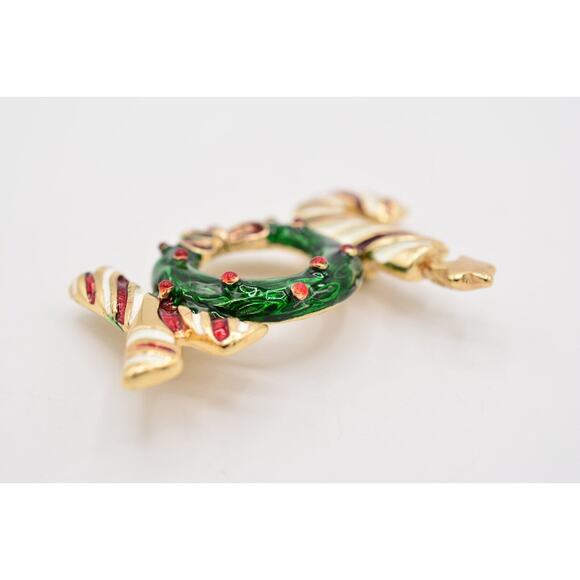 Vintage Christmas JOY Pin Brooch Wreath Enamel Candy Cane Holiday NOS 80s BinA9 - Picture 7 of 12